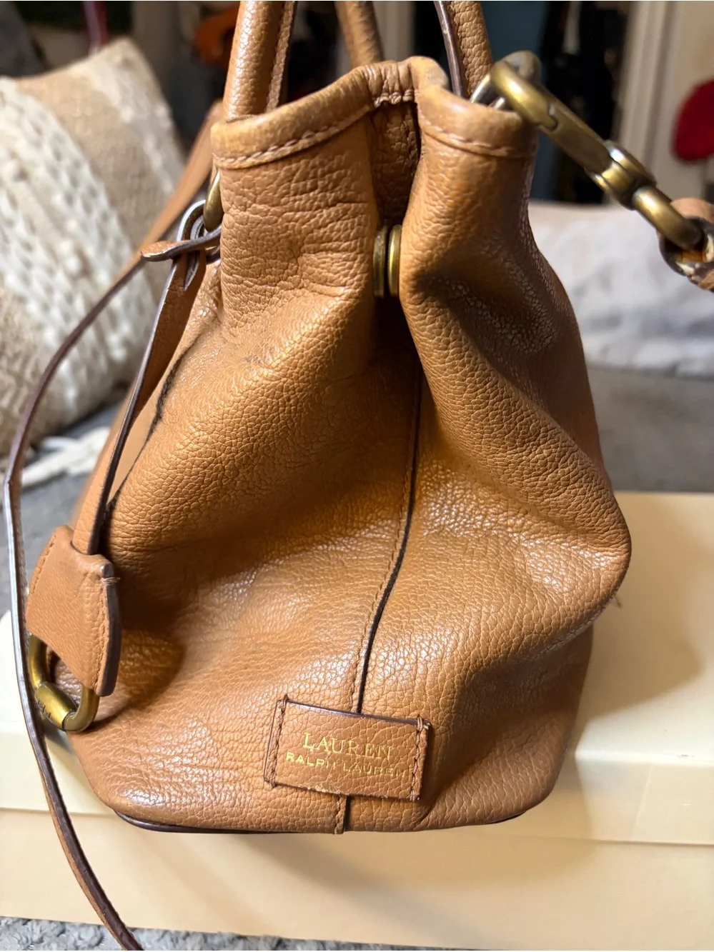Leather Lauren Ralph Lauren, Satchel Handbag in Cognac Tan with Detachable Strap